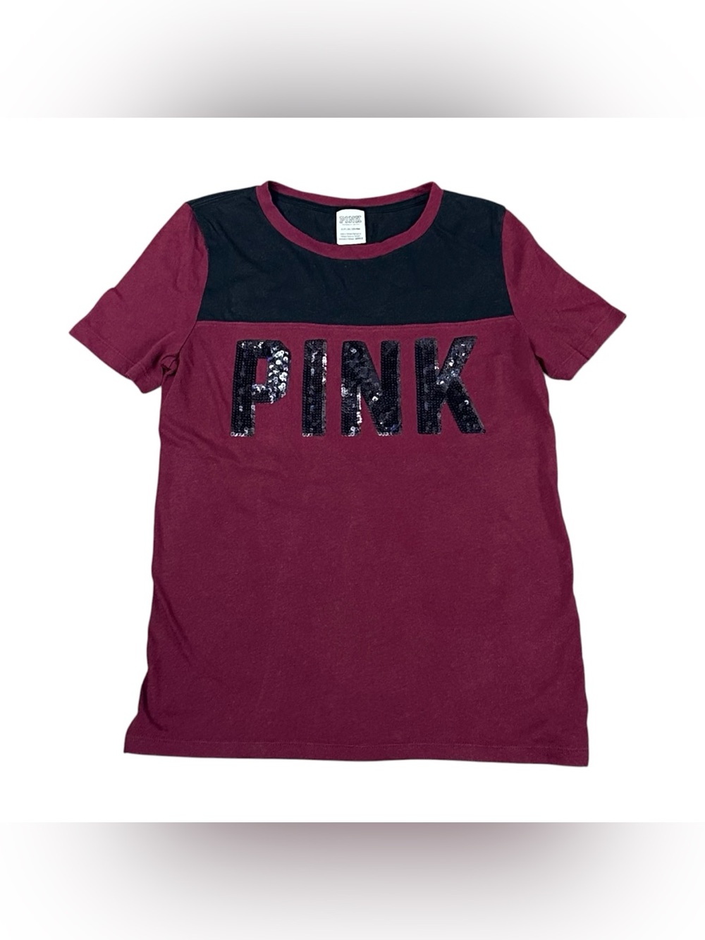 Victoria’s Secret PINK Womens Small Burgundy Black Sequin Logo Colorblock Tee